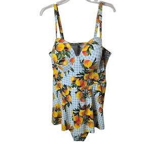 Torrid Blue Gingham Oranges Demi Pushup Peplum Skirt Swimsuit Flouncy Playful 3F